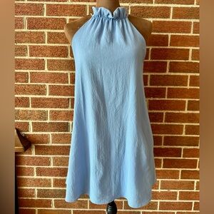 Tyche Light Blue A-Line Dress, Sleeveless Ruffle High Neck Lightweight, Size S